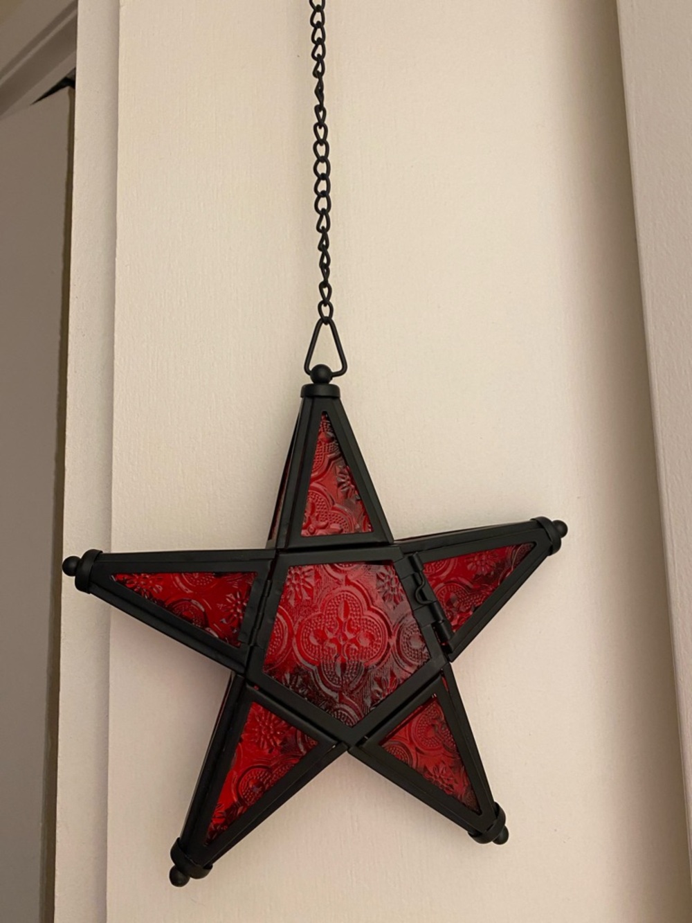Hanging Star Lantern with Red Glass Panels